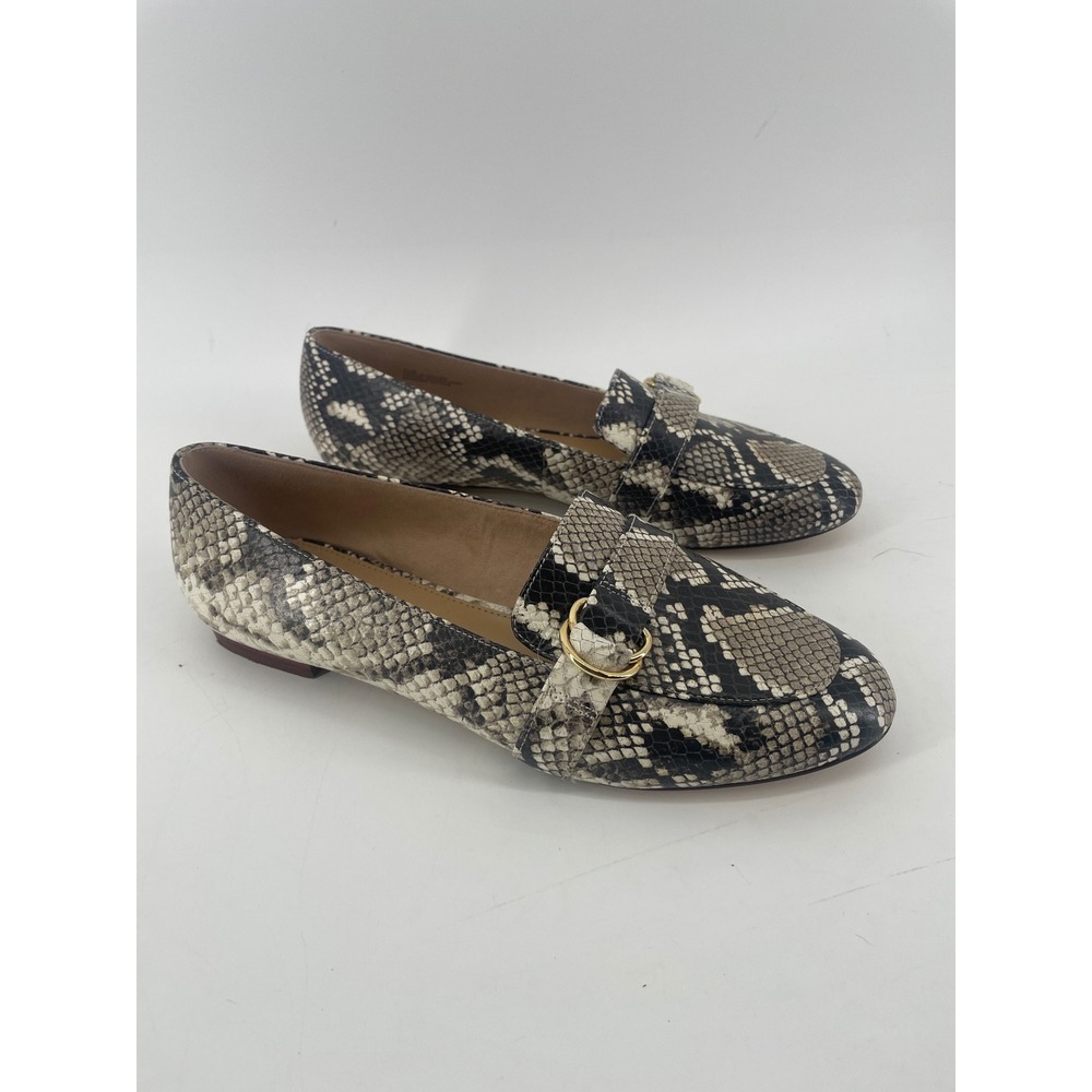 Talbots Leather Loafer Flats Snakeskin Womens 8.5 Gold Buckle Flats Neutral Grey